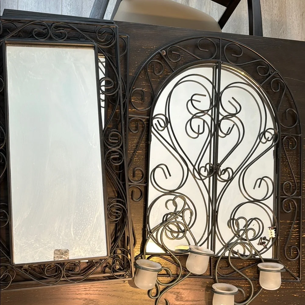 Elegant Black Wrought Iron Wall 4 Mirror and Candle Holder Set